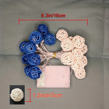 1 Set of Blue n White 5cm Rattan Cane 20 Ball Battery Powered 3m String Lights Christmas Gift Home Wedding Party Bedroom Decoration Table Centrepiece
