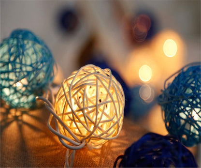 1 Set of Blue n White 5cm Rattan Cane 50 Ball Battery Powered LONG 5m String Lights Christmas Gift Home Wedding Party Bedroom Decoration Table Centrepiece
