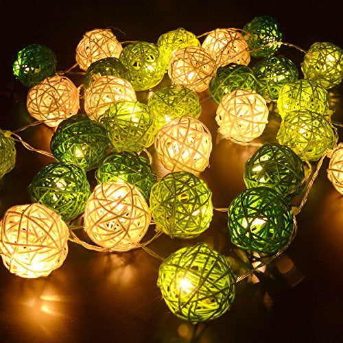 1 Set of Green n White 5cm Rattan Cane 50 Ball Battery Powered LONG 5m String Lights Christmas Gift Home Wedding Party Bedroom Decoration Table Centrepiece