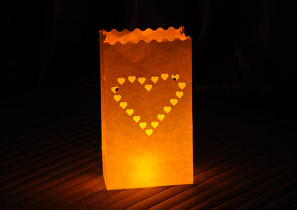 50 Pack White Heart Luminary Paper Candle Tea Light Lantern Bags Garden Wedding Anniversary Birthday Night Decorations Evening Party