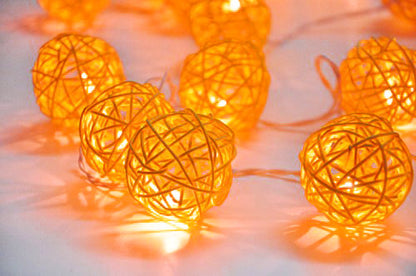 1 Set of Orange 5cm Rattan Cane 20 Ball Battery Powered 3m String Lights Christmas Gift Home Wedding Party Bedroom Decoration Table Centrepiece