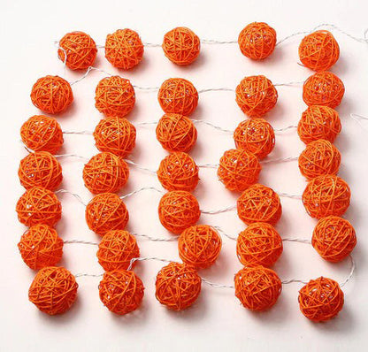 1 Set of Orange 5cm Rattan Cane 20 Ball Battery Powered 3m String Lights Christmas Gift Home Wedding Party Bedroom Decoration Table Centrepiece