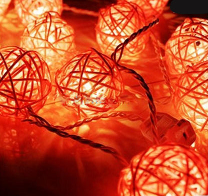1 Set of Orange 5cm Rattan Cane 50 Ball Battery Powered LONG 5m String Lights Christmas Gift Home Wedding Party Bedroom Decoration Table Centrepiece