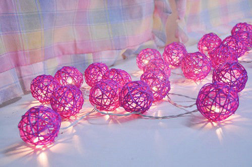 1 Set of Pink 5cm Rattan Cane 20 Ball Battery Powered 3m String Lights Christmas Gift Home Wedding Party Bedroom Decoration Table Centrepiece
