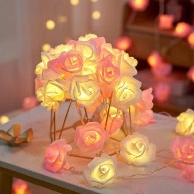 20 Pink n White Rose 3D Fairy Lights 3M String, Battery (AA) Indoor & Outdoor Decorations Wedding Valentines Romantic Room Table Lighting