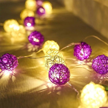 1 Set of Purple n White 5cm Rattan Cane 50 Ball Battery Powered LONG 5m String Lights Christmas Gift Home Wedding Party Bedroom Decoration Table Centrepiece