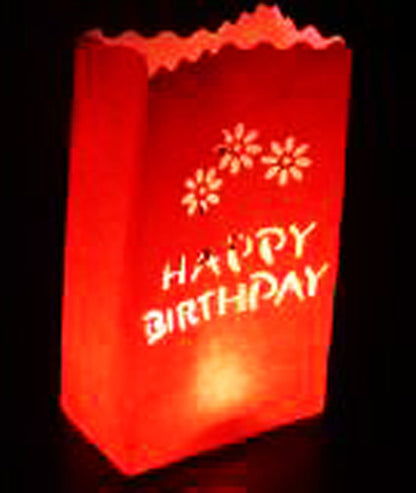 50 Pack Red Happy Birthday Luminary Paper Candle Tea Light Lantern Bags Garden Anniversary Birthday Night Decorations Evening Party