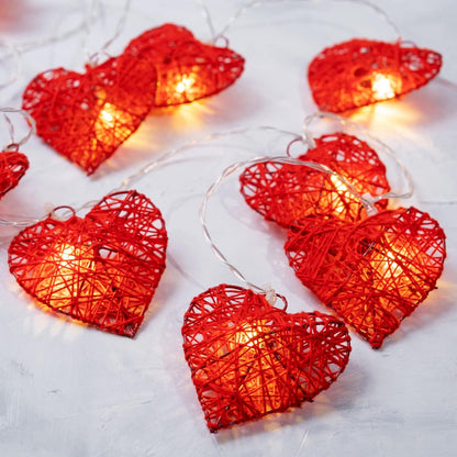 20 Red 3D Hollowed Rattan Heart-Shaped 3M String Fairy Lights, Battery (AA) Indoor & Outdoor Decorations Wedding Valentines Romantic Room Table Lighting