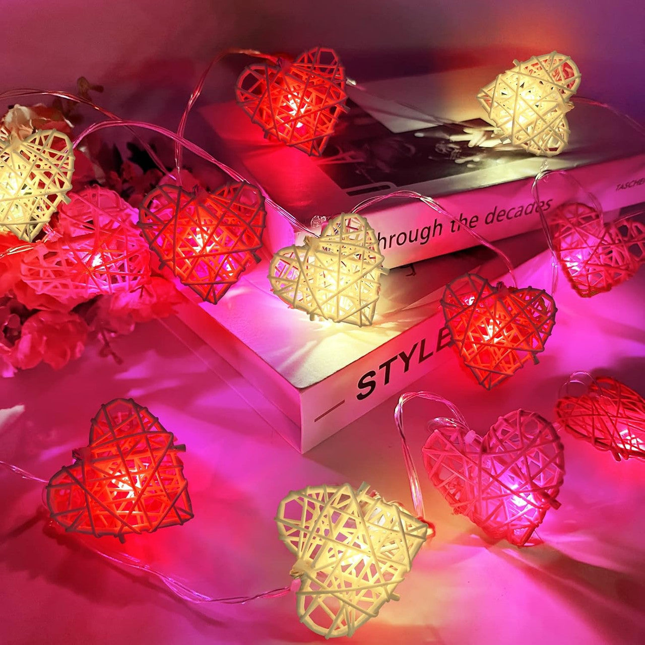 20 Red and White 3D Hollowed Rattan Heart-Shaped 3M String Fairy Lights, Battery (AA) Indoor & Outdoor Decorations Wedding Valentines Romantic Room Table Lighting