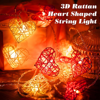 50 Red and White 3D Hollowed Rattan Heart-Shaped 5M LONG String Fairy Lights, Battery (AA) Indoor & Outdoor Decorations Wedding Valentines Romantic Room Table Lighting