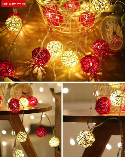 1 Set of Red and White 5cm Rattan Cane 50 Ball Battery Powered LONG 5m String Lights Christmas Gift Home Wedding Party Bedroom Decoration Table Centrepiece