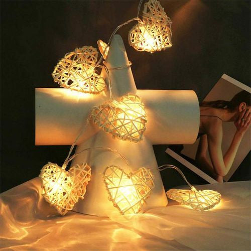 20 White 3D Hollowed Rattan Heart-Shaped 3M String Fairy Lights, Battery (AA) Indoor & Outdoor Decorations Wedding Valentines Romantic Room Table Lighting