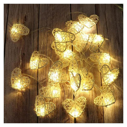 50 White 3D Hollowed Rattan Heart-Shaped 5M LONG String Fairy Lights, Battery (AA) Indoor & Outdoor Decorations Wedding Valentines Romantic Room Table Lighting