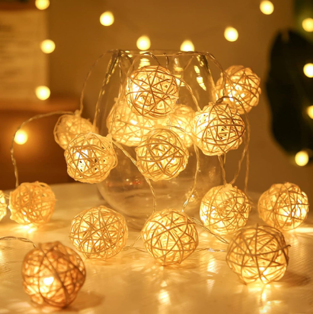 1 Set of Yellow 5cm Rattan Cane 20 Ball Battery Power 3m String Lights Christmas Gift Home Wedding Party Bedroom Decoration Table Centrepiece