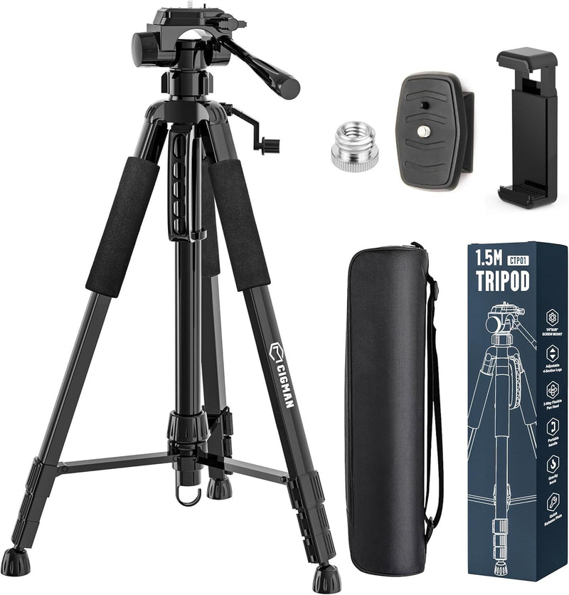 CIGMAN 59-inch Lightweight Adjustable Laser Level Tripod with 3-Way Swivel Pan Head, Bubble Level, Phone Holder, Quick Release Plate with 1/4
