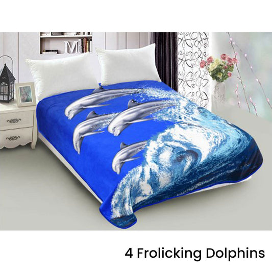 800GSM Luxury Reversible Animal Mink Blanket QUEEN 200 x 240 cm Frolicking Dolphins