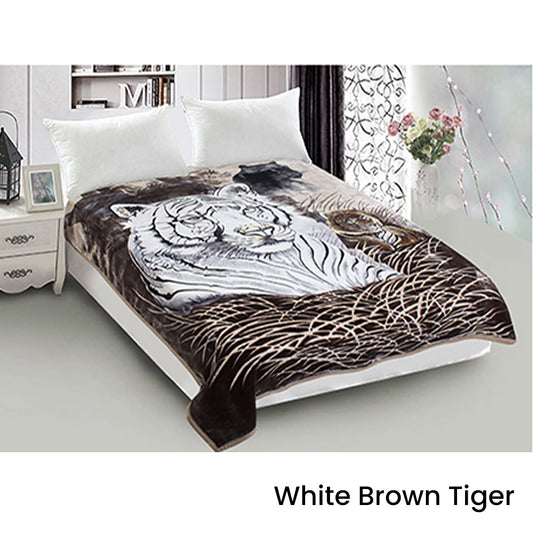 800GSM Luxury Reversible Animal Mink Blanket QUEEN 200 x 240 cm White Brown Tiger