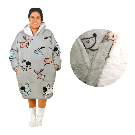 Sherpa Fleece Blanket Hoodie Grey Dogs Womens Oversized Wearable