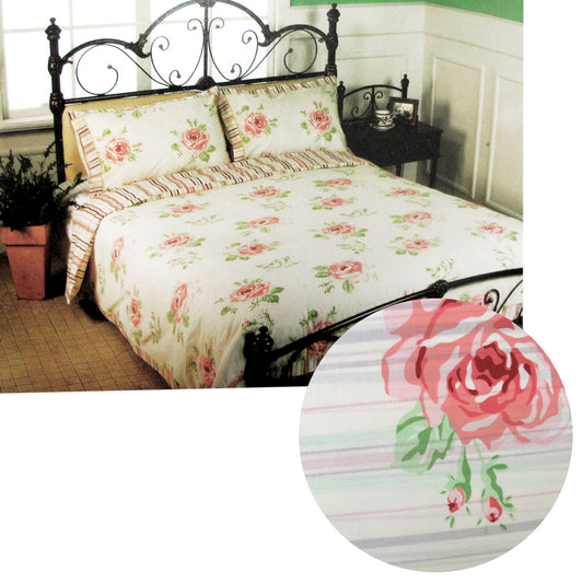 Cream Rosie Stripes Polyester Cotton Quilt Cover Set QUEEN