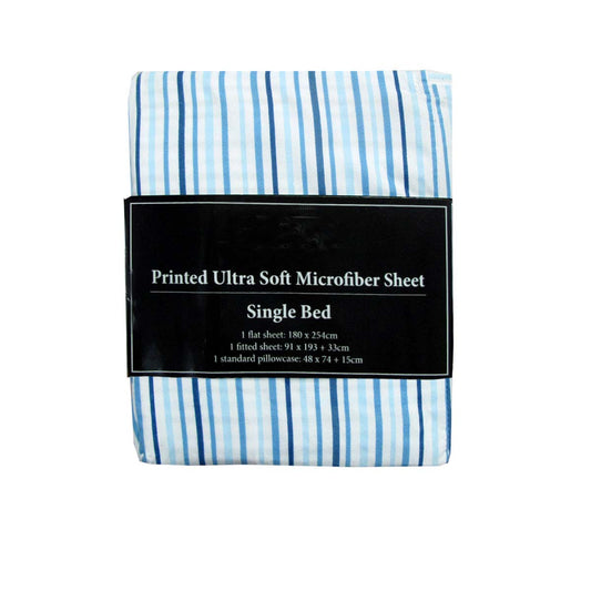 Printed Microfiber Sheet Set SINGLE Blue Lines