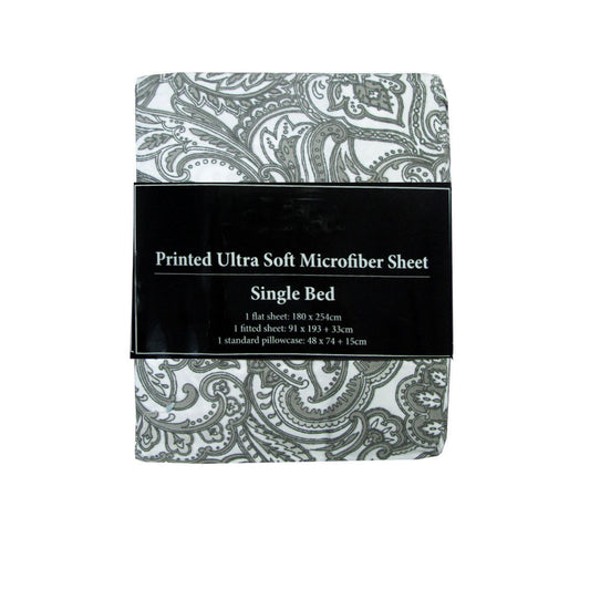 Printed Microfiber Sheet Set SINGLE Grey Paisley