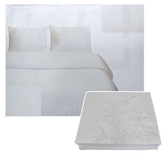 Tuberose Satin Embroidery Quilt Cover Set White QUEEN