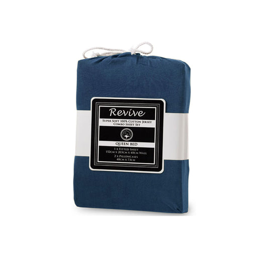 Revive Blue 100% Cotton Jersey Super Soft Fitted Sheet Combo Set DOUBLE 38cm Wall