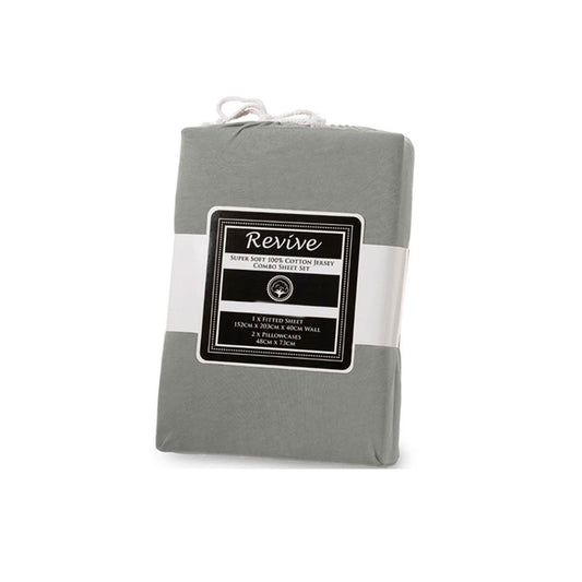 Revive Silver 100% Cotton Jersey Super Soft Fitted Sheet Combo Set KING SINGLE 35cm Wall