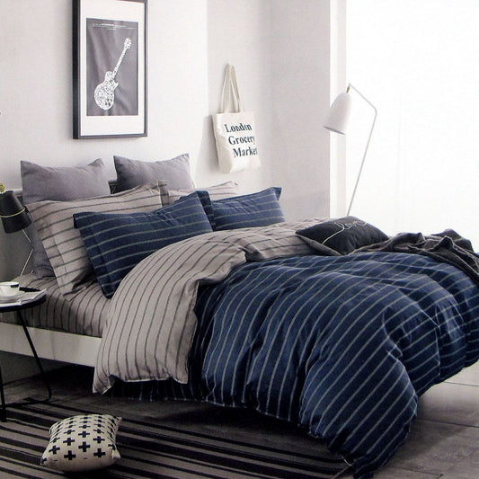 300TC Brian Navy Striped Reversible Cotton Quilt Cover Set QUEEN