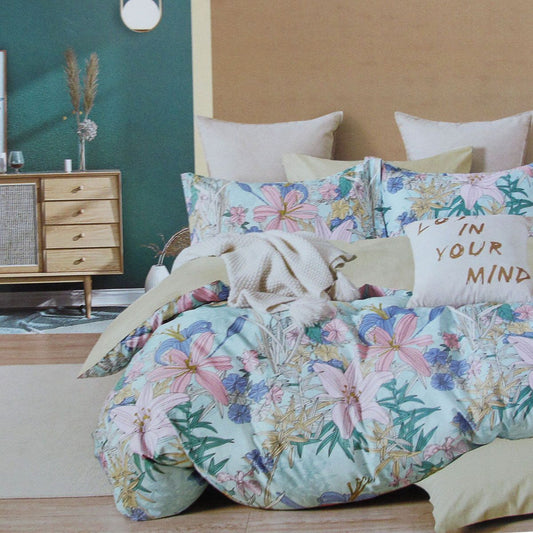 300TC Lily Flowers Multi Reversible Cotton Floral Quilt Cover Set QUEEN