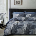 300TC Palm Leaf Blue Reversible Cotton Quilt Cover Set QUEEN