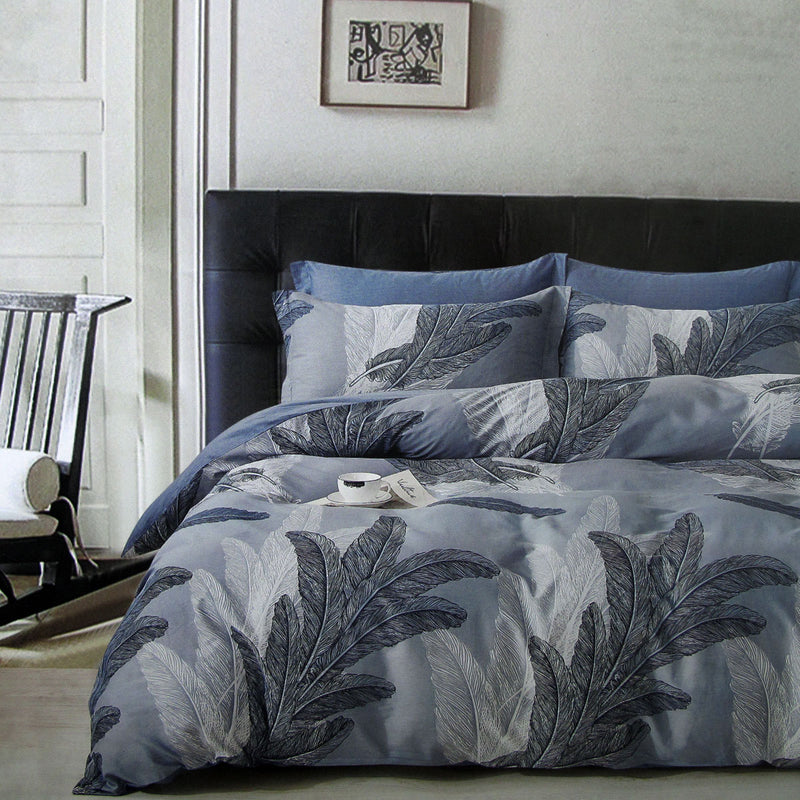 300TC Palm Leaf Blue Reversible Cotton Quilt Cover Set QUEEN