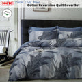 300TC Palm Leaf Blue Reversible Cotton Quilt Cover Set QUEEN