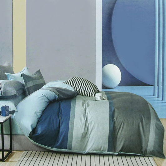 300TC Simon Teal Reversible Cotton Stripes Quilt Cover Set QUEEN