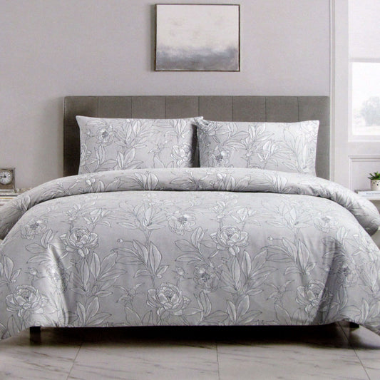 Artex Silver Peony Floral Printed Microfiber Polyester Quilt Cover Set QUEEN