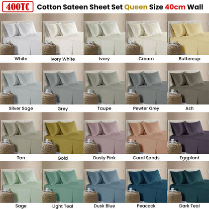 400TC 100% Cotton Sateen Premium Sheet Set 40cm Wall Dark Teal Queen