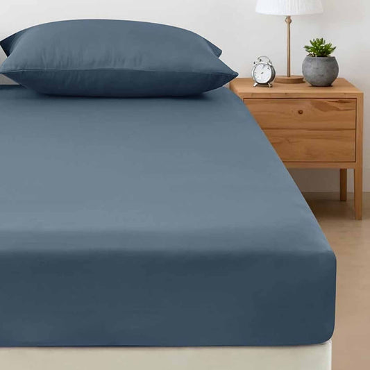 400TC Bamboo Cotton Fitted Sheet with Pillowcase Set Long SINGLE Size 40cm Wall Steel Blue