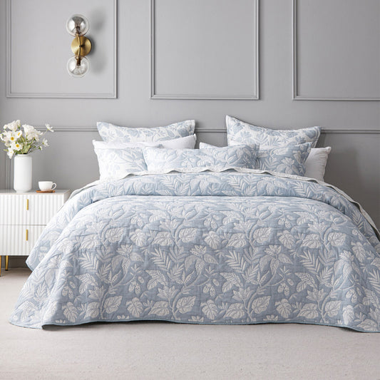 Bianca Laurieton Blue Jacquard Botanical Bedspread Set King