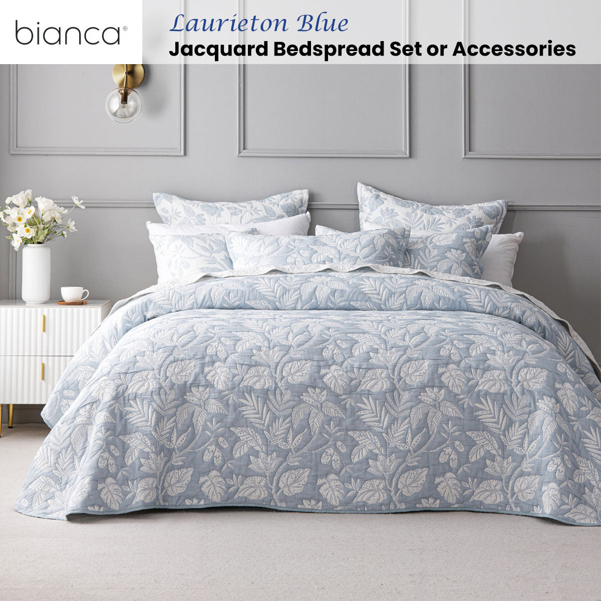 Bianca Laurieton Blue Jacquard Botanical Bedspread Set King