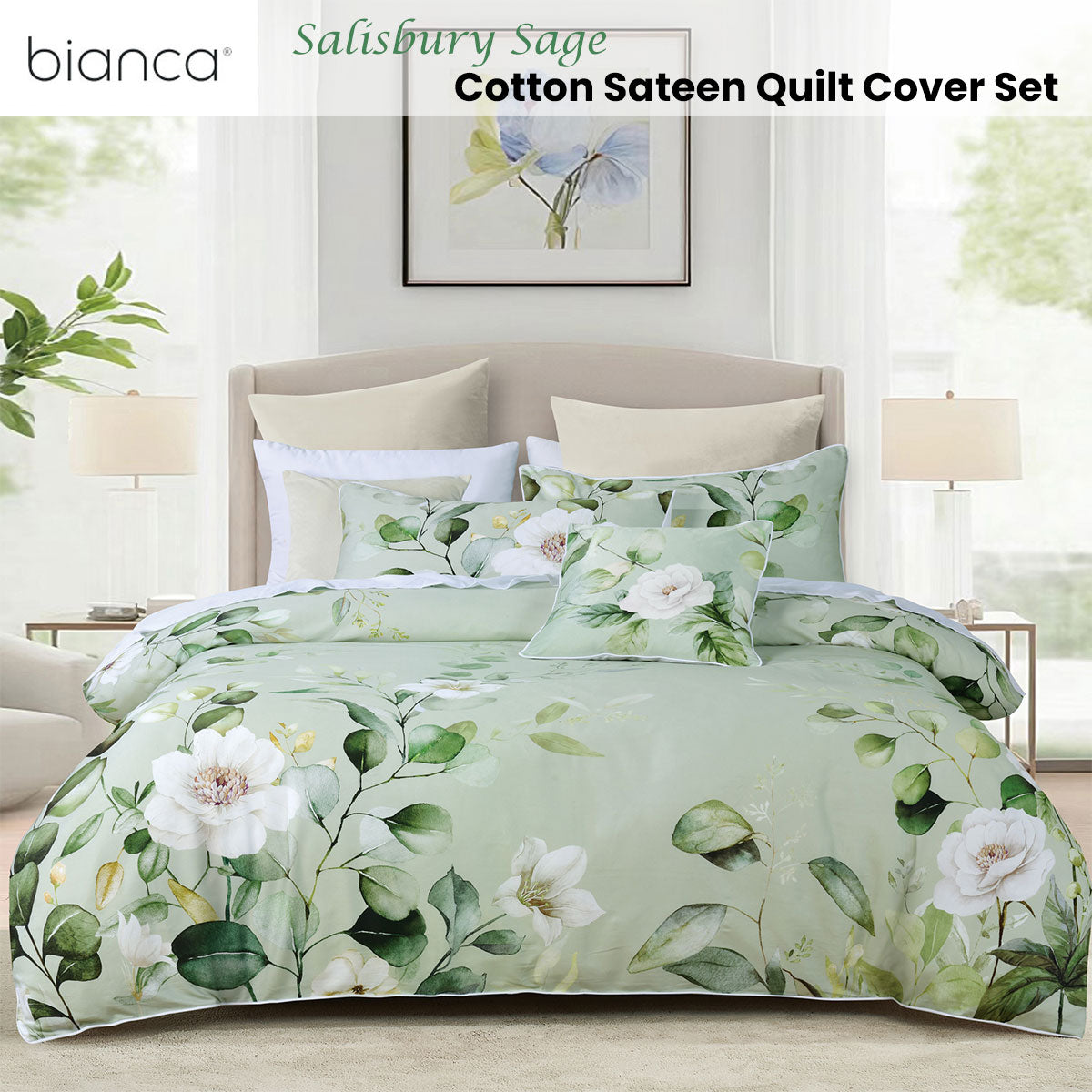 Bianca Salisbury Sage Floral Cotton Sateen Quilt Cover Set King