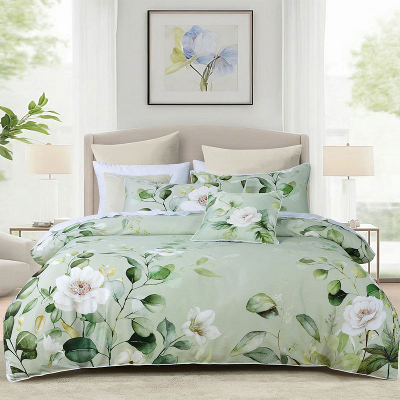 Bianca Sage Floral Cotton Sateen Quilt Cover Super King