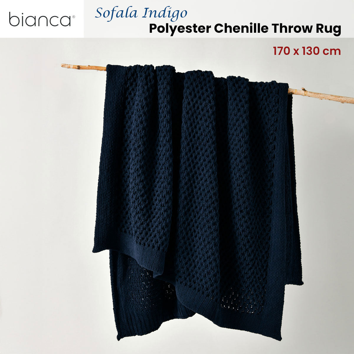 Bianca Sofala Indigo Polyester Chenille Throw Rug 130 x 170 cm