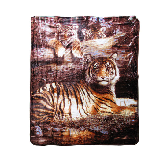 375gsm 1 Ply 3D Print Faux Mink Blanket QUEEN 200x240 cm Tiger Family