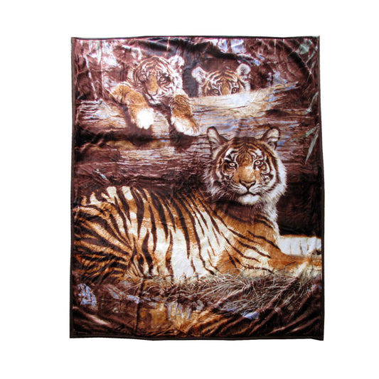 675gsm 2 Ply 3D Print Faux Mink Blanket QUEEN 200x240 cm Tiger Family