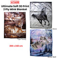 675gsm 2 Ply 3D Print Faux Mink Blanket QUEEN 200x240 cm Winter Wolf