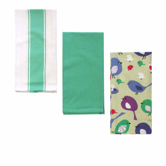 Home Oasis 3 Printed Cotton Tea Towels 50x70cm Birdie Mint