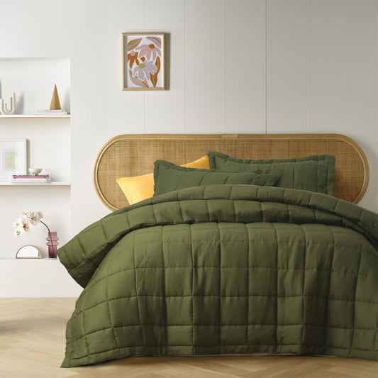 Vintage Design Homewares Olive French Linen Coverlet Set QUEEN