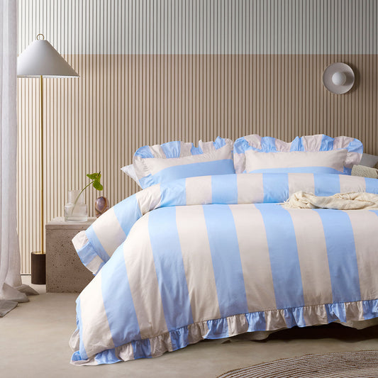 Vintage Design Homewares Candy Ruffle Blue Striped Washed Cotton Quilt Cover Set QUEEN