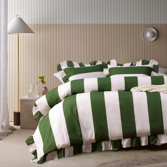 Vintage Design Homewares Candy Ruffle Green Striped Washed Cotton Quilt Cover Set KING