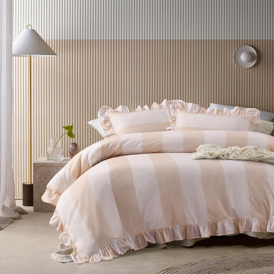 Vintage Design Homewares Candy Ruffle Natural Striped Washed Cotton Quilt Cover SetSuper KING